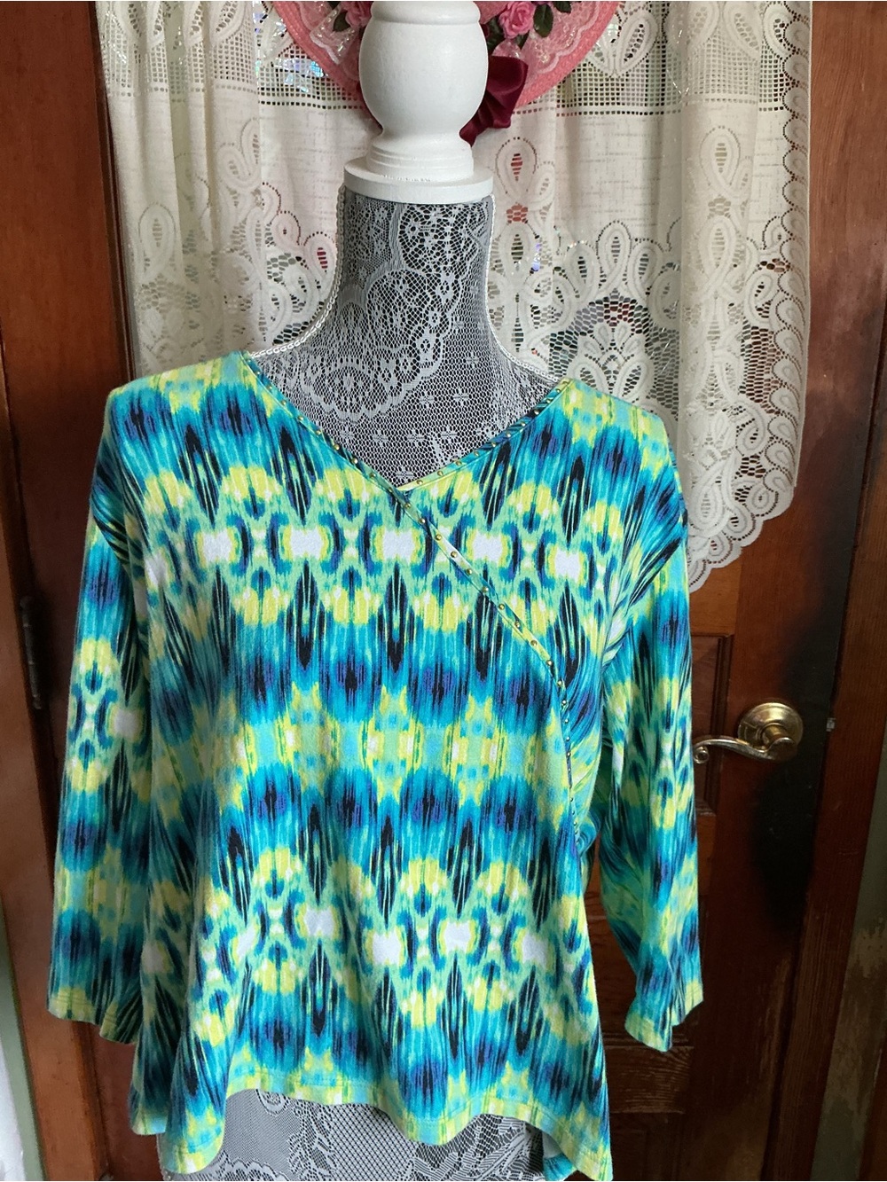 Ruby Rd. V-Neck Tie-Dye Tunic in Aqua, Blue and Yellow